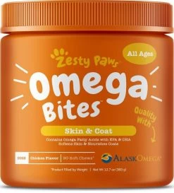 Zesty Paws Omega Bites For Skin & Coat Support Chicken Flavor With Alaskan Fish Oil Soft Chews For Dogs