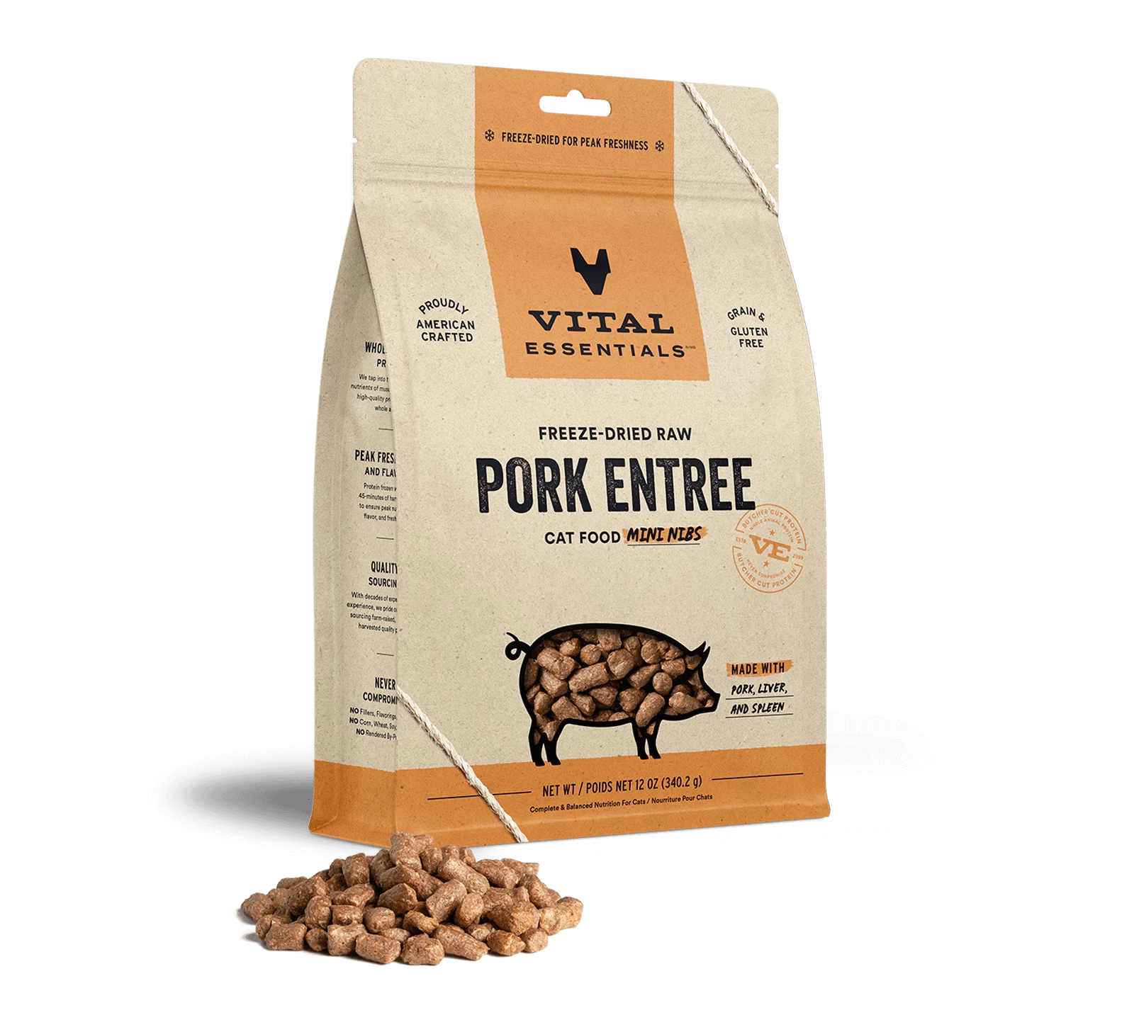Vital Essentials Freeze-Dried Pork Entrée Cat Food Mini Nibs 3 Vital Essentials Freeze-Dried Pork Entrée Cat Food Mini Nibs